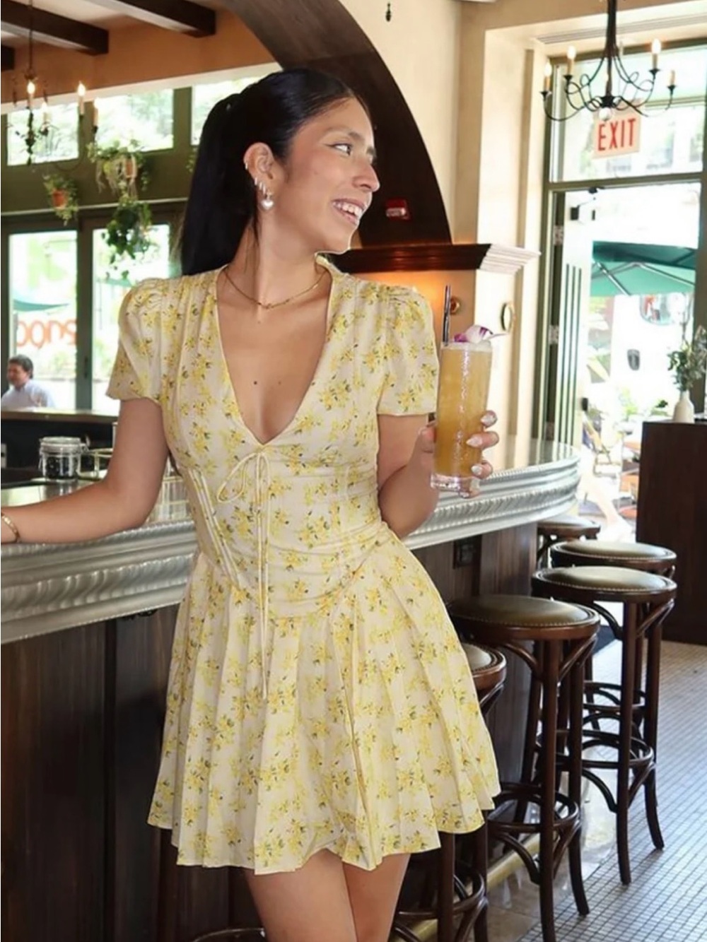 Commense Pale Yellow Floral V-Neck Puff Sleeve Mini Dress XS - Picture 6 of 6